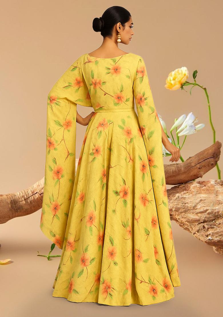 Light Yellow Printed Embroidered Georgette Fusion Set - Indya
