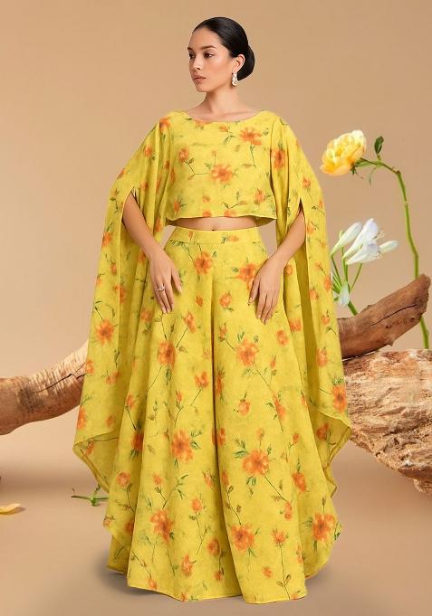 Light Yellow Printed Embroidered Georgette Fusion Set