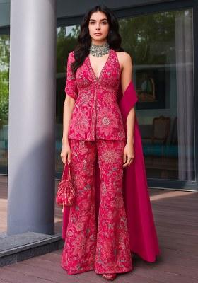 Pink Chiffon Floral Printed Fusion Set