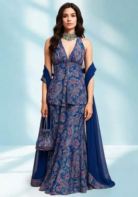 Dark Blue Paisley Printed Georgette Fusion Set