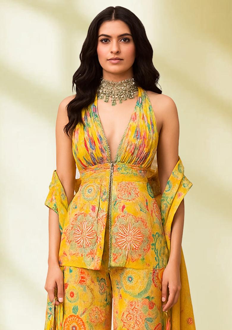 Yellow Chinon Abstract Printed Fusion Set - Indya