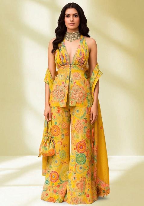 Yellow Chinon Abstract Printed Fusion Set