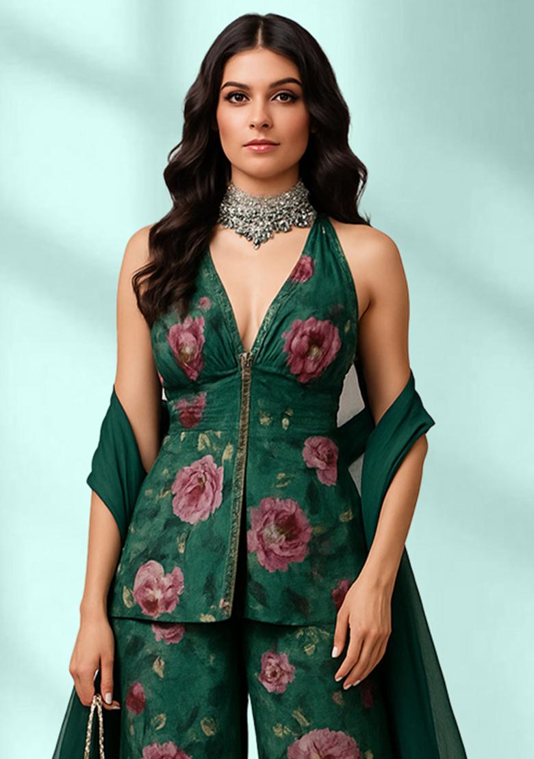 Green Chinon Floral Printed Fusion Set - Indya