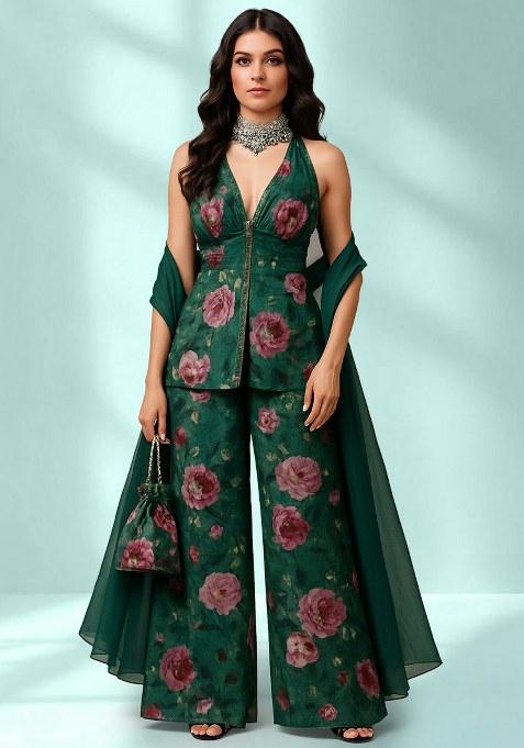 Green Chinon Floral Printed Fusion Set