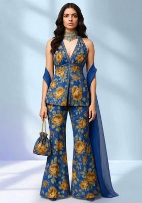 Blue Crepe Floral Printed Fusion Set