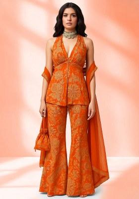 Orange Embroidereded Chinon Fusion Set