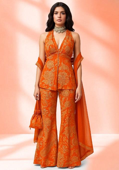 Orange Embroidereded Chinon Fusion Set