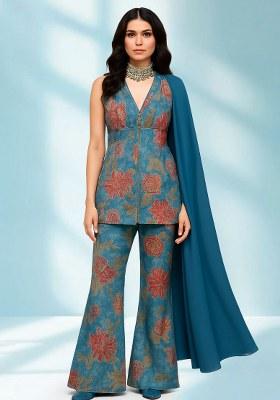 Light Blue Printed Embroidereded Organza Fusion Set