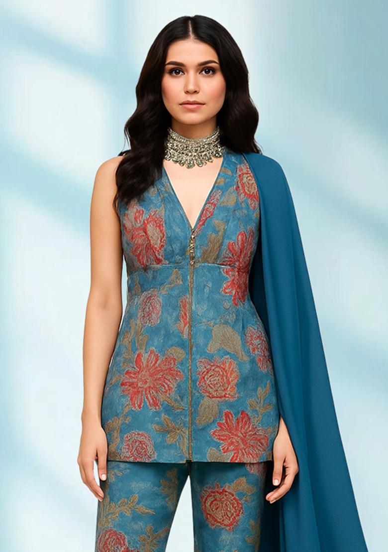 Light Blue Printed Embroidereded Organza Fusion Set - Indya