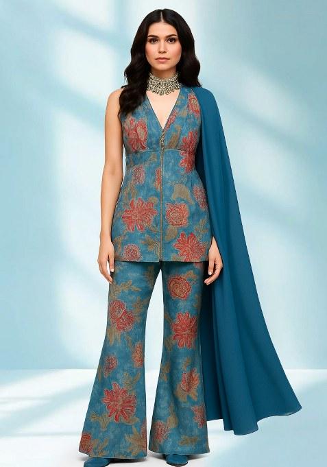 Light Blue Printed Embroidereded Organza Fusion Set