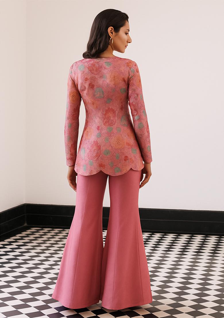 Pastel Pink Printed Embroidered Tissue Fusion Set - Indya