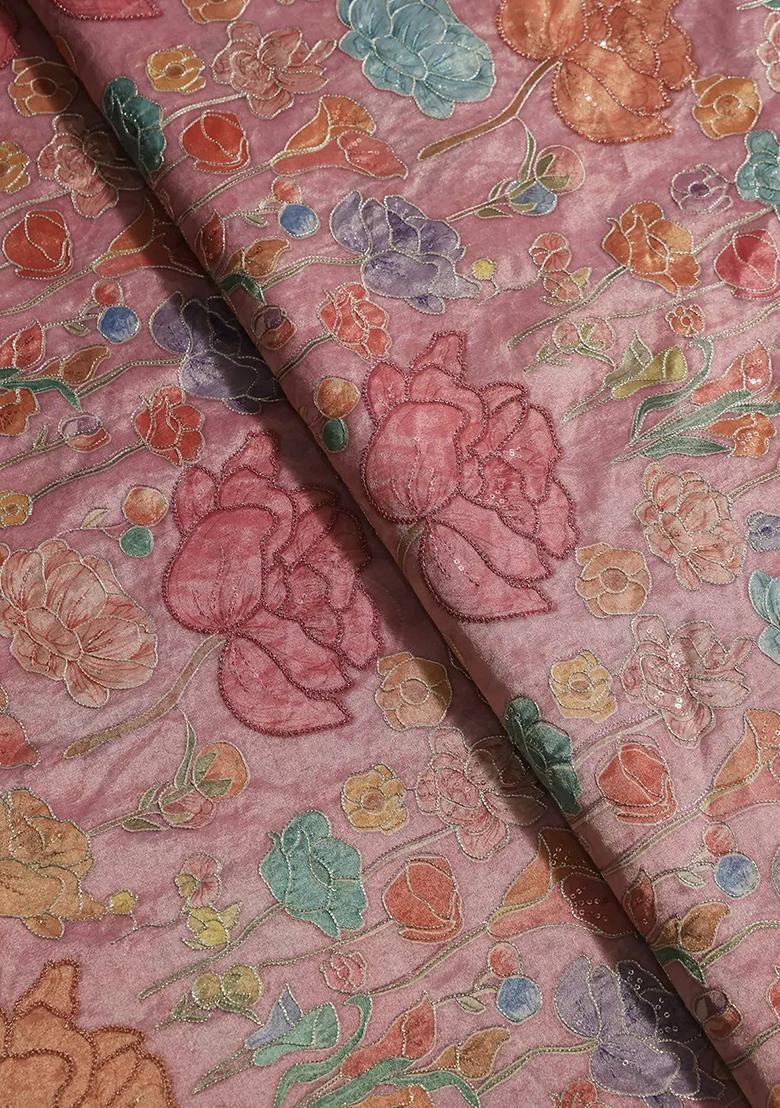 Pastel Pink Printed Embroidered Tissue Fusion Set - Indya