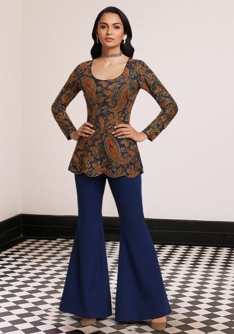 Royal Blue Embroidered Organza Fusion Set