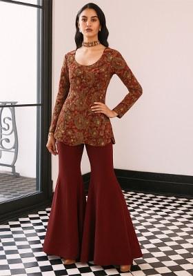 Maroon Embroidered Organza Fusion Set