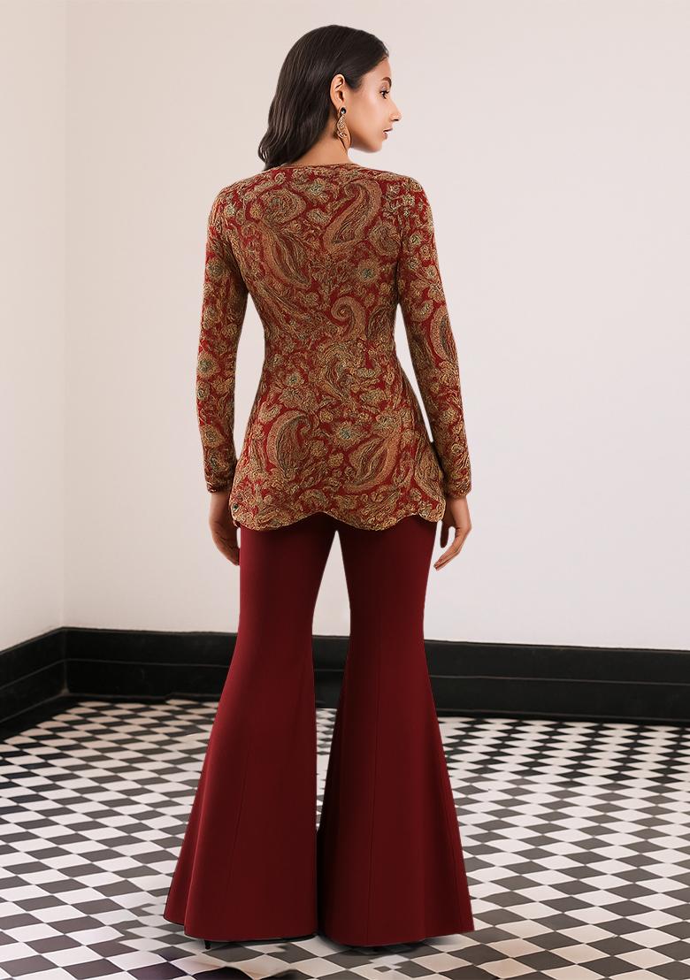 Maroon Embroidered Organza Fusion Set - Indya