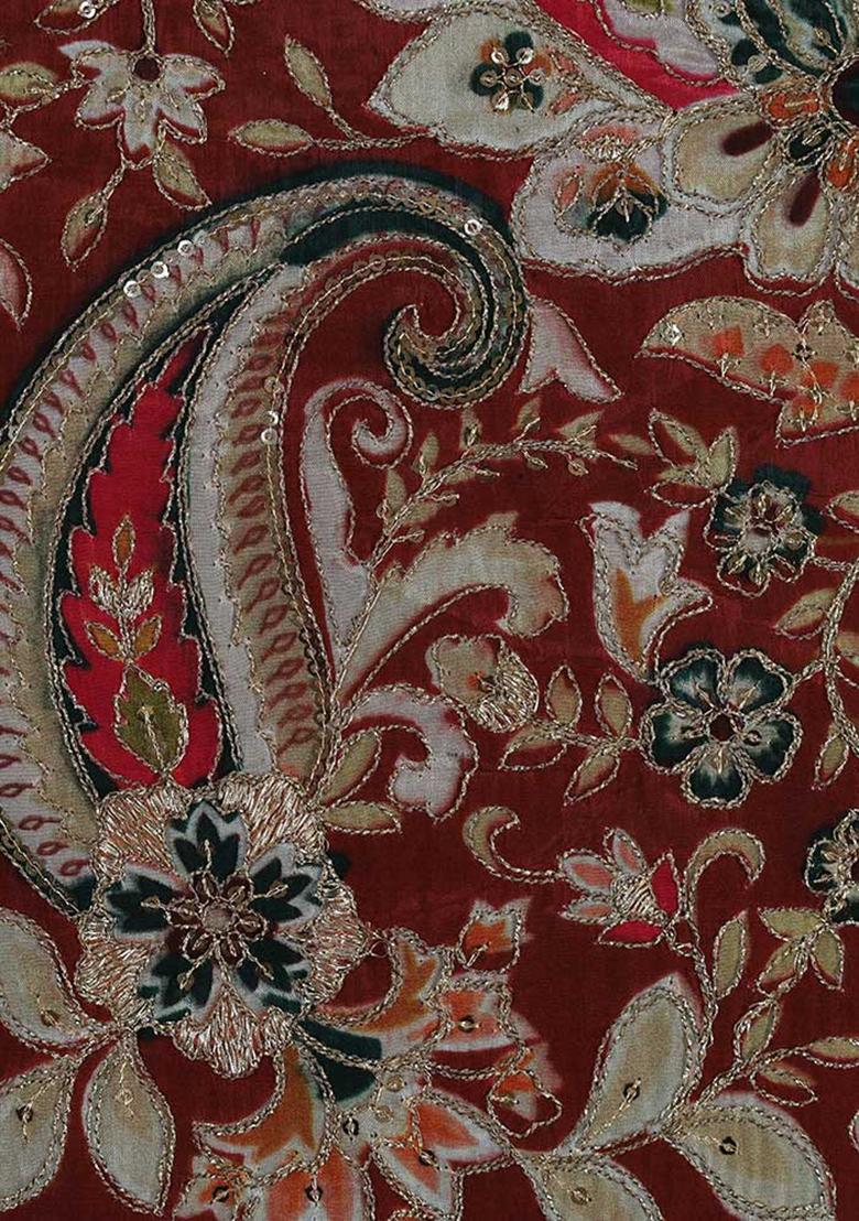 Maroon Embroidered Organza Fusion Set - Indya