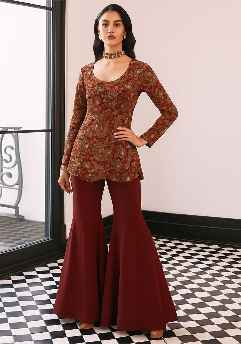 Maroon Embroidered Organza Fusion Set