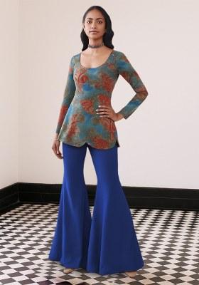 Blue Printed Embroidered Organza Fusion Set