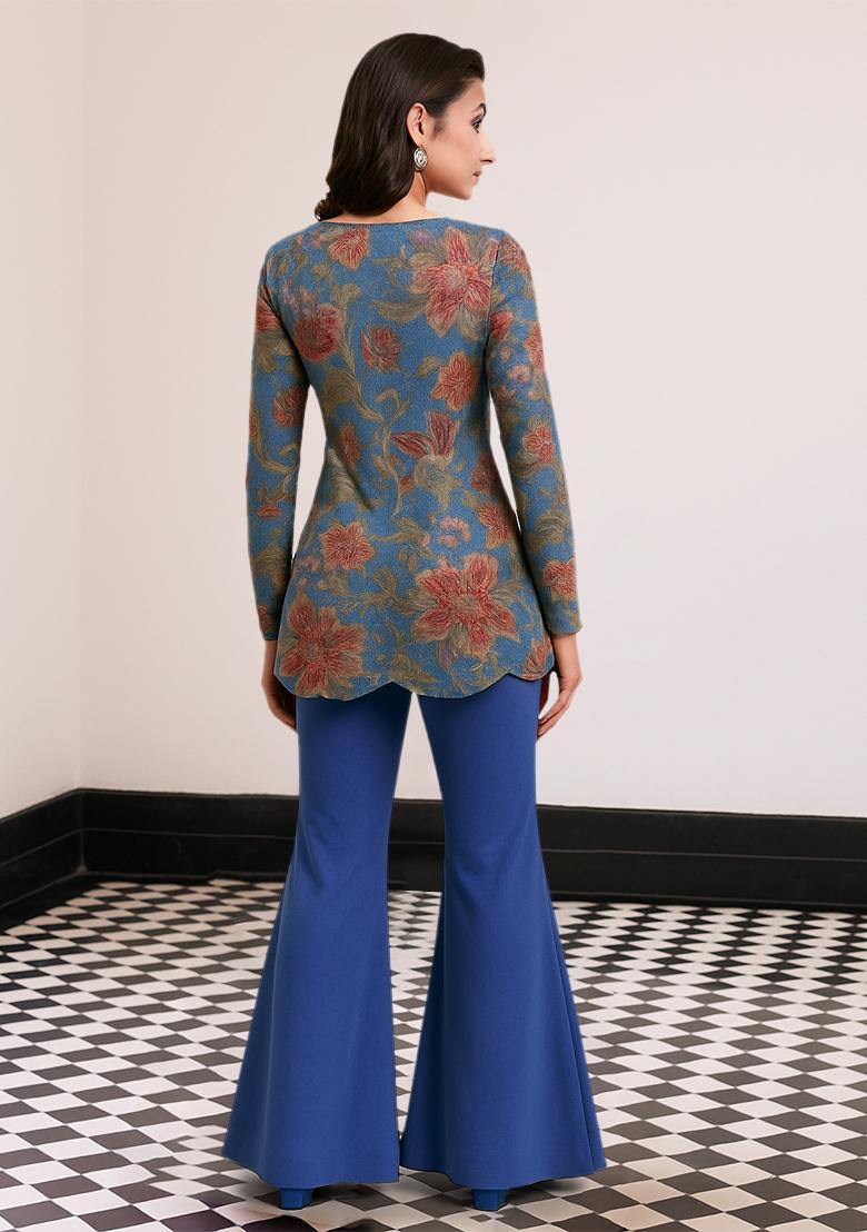 Blue Printed Embroidered Organza Fusion Set - Indya