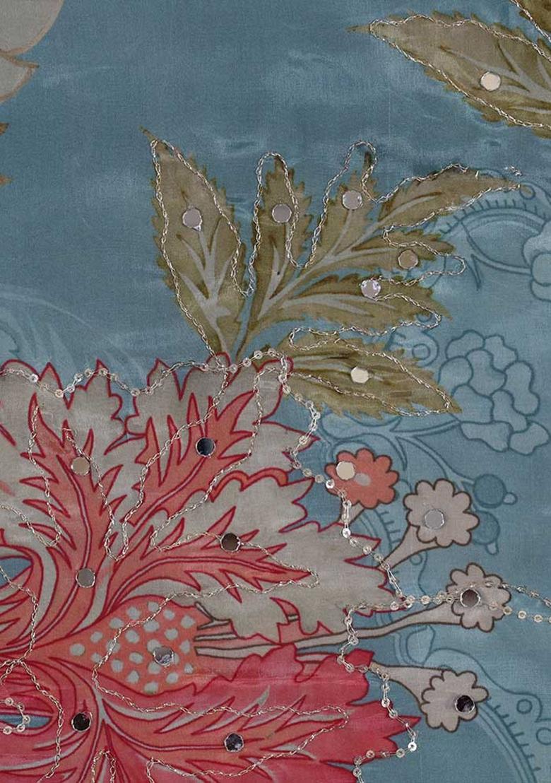 Blue Printed Embroidered Organza Fusion Set - Indya