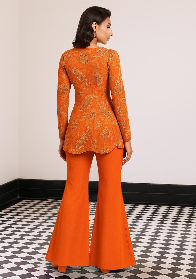 Orange Embroidered Chinon Fusion Set - Indya
