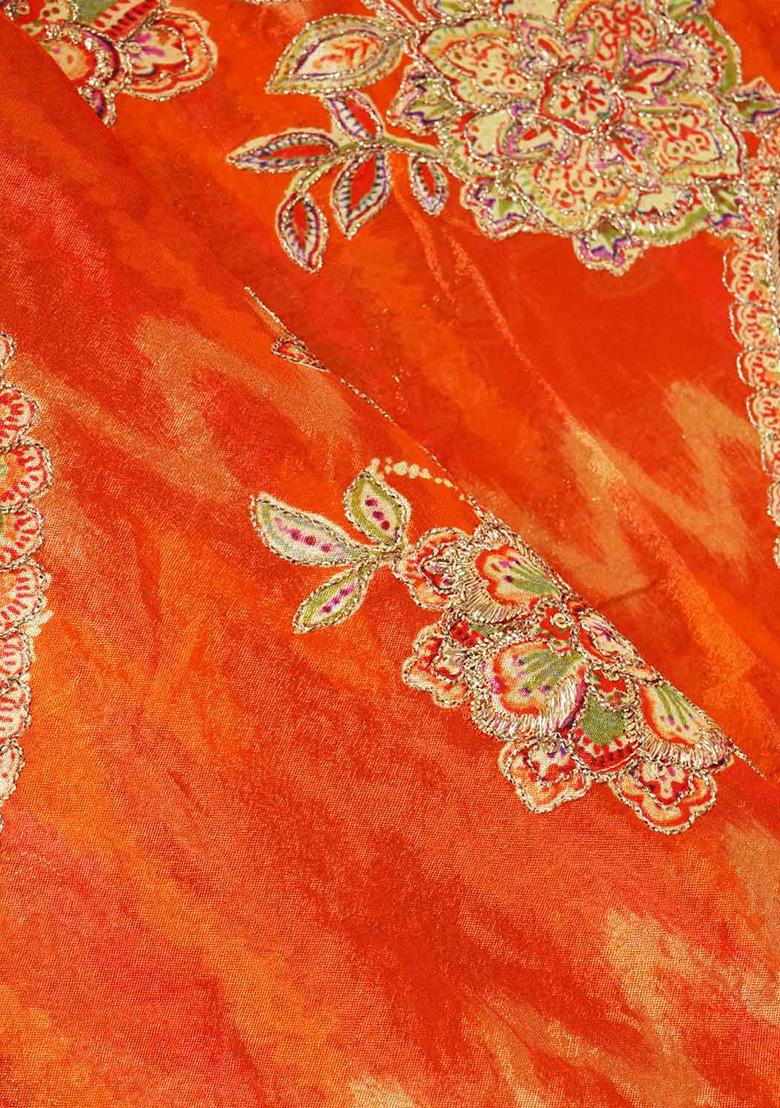 Orange Embroidered Chinon Fusion Set - Indya