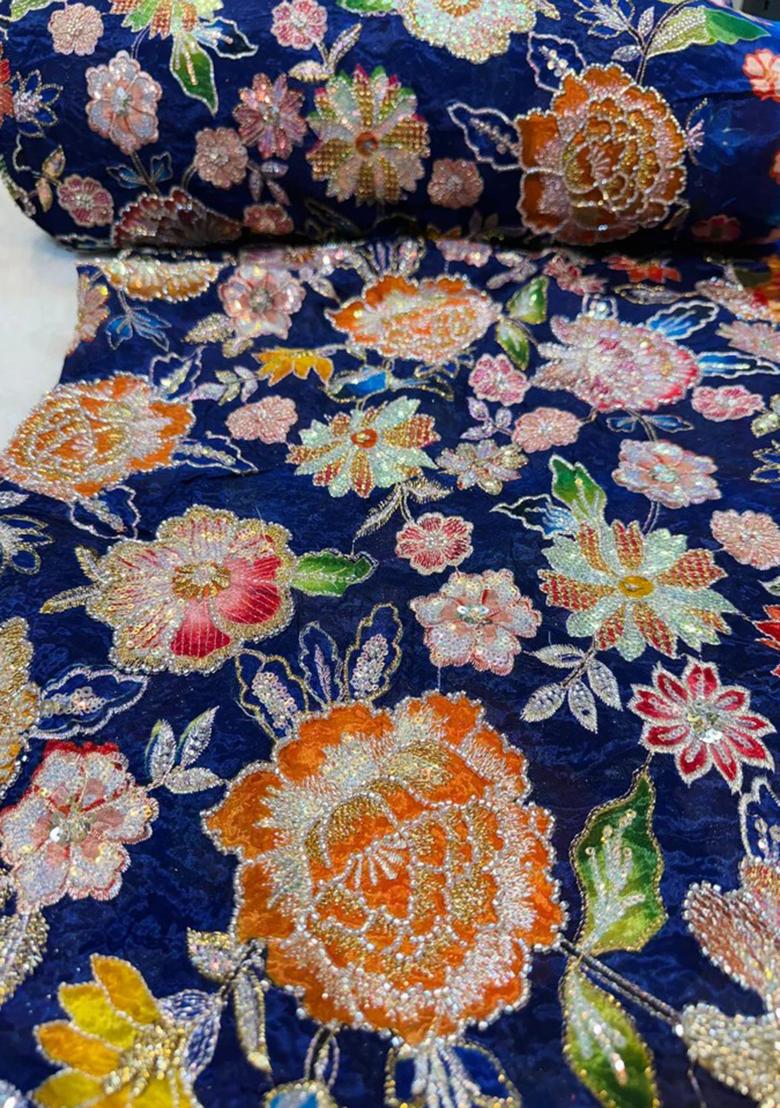 Navy Blue Embroidered Chinon Fusion Set - Indya