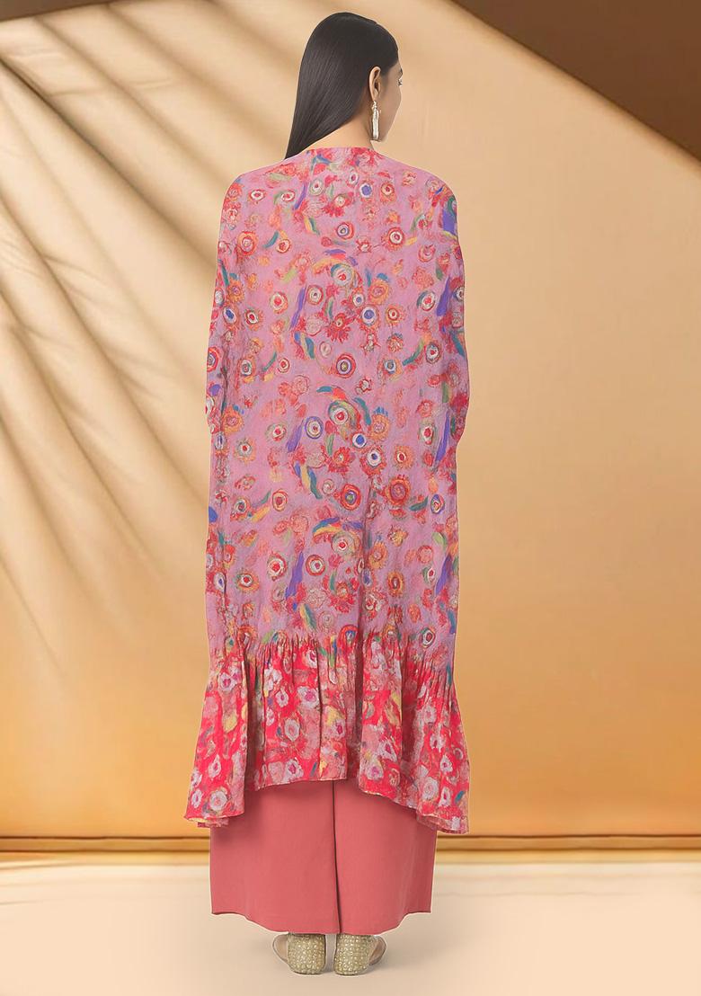 Pink Floral Printed Chinon Fusion Set - Indya