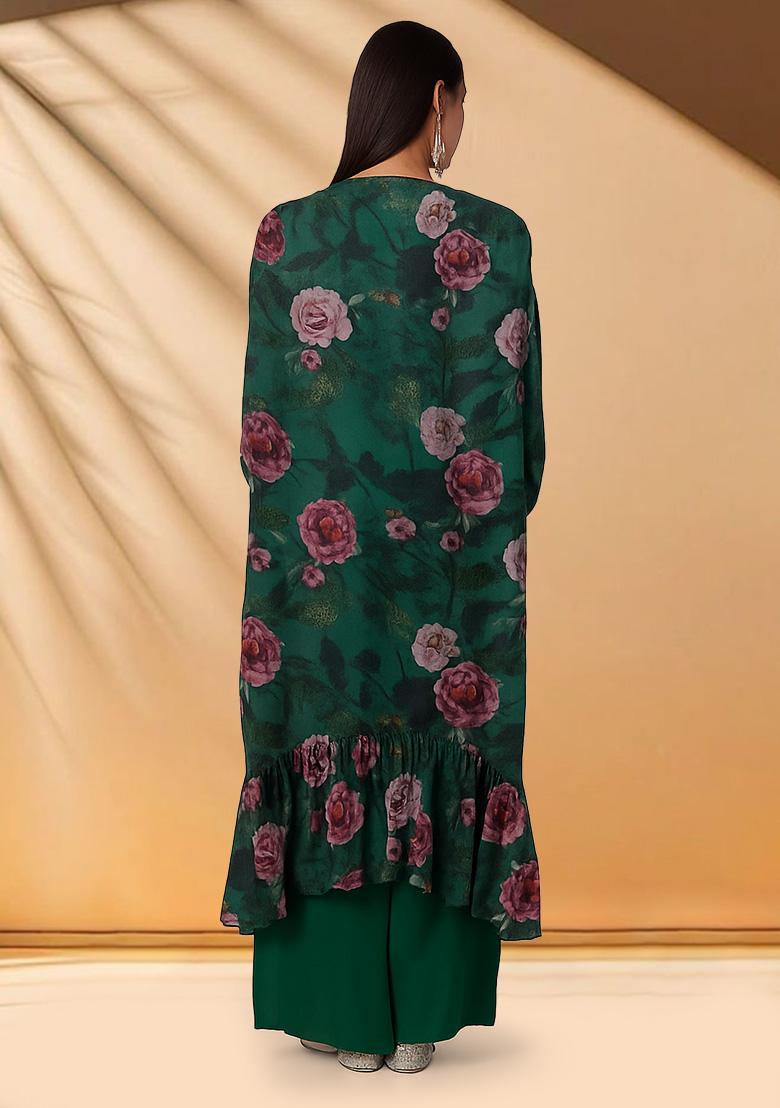 Bottle Green Chinon Floral Printed Fusion Set - Indya