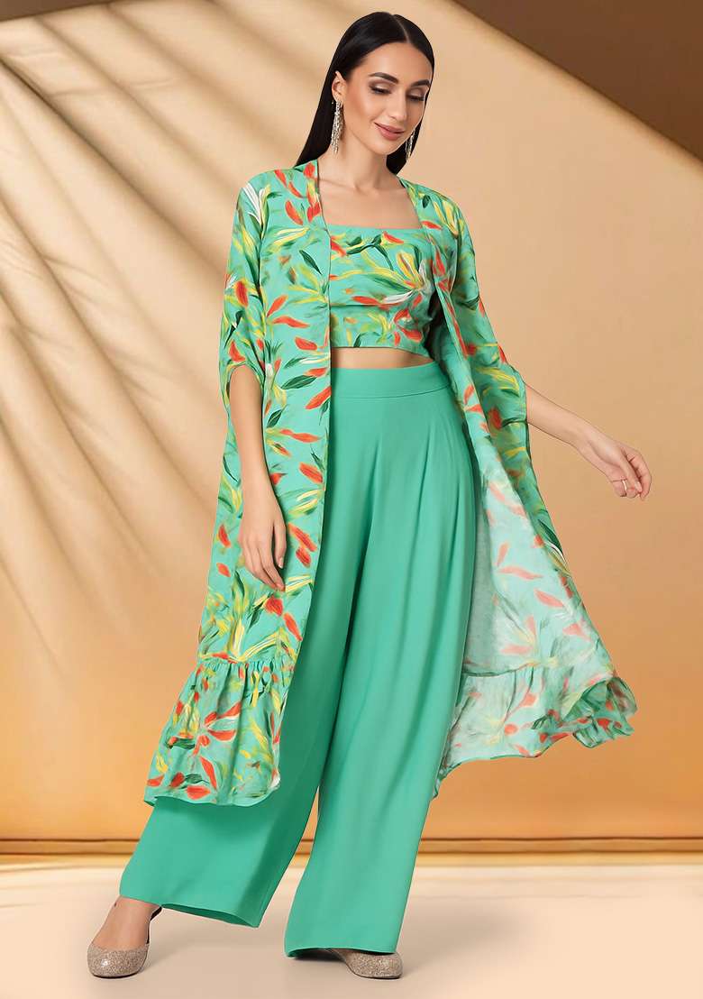 Sea Green Chinon Leaf Printed Fusion Set for Diwali and Festive Wear - Indya