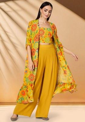 Yellow Abstract Printed Chinon Fusion Set