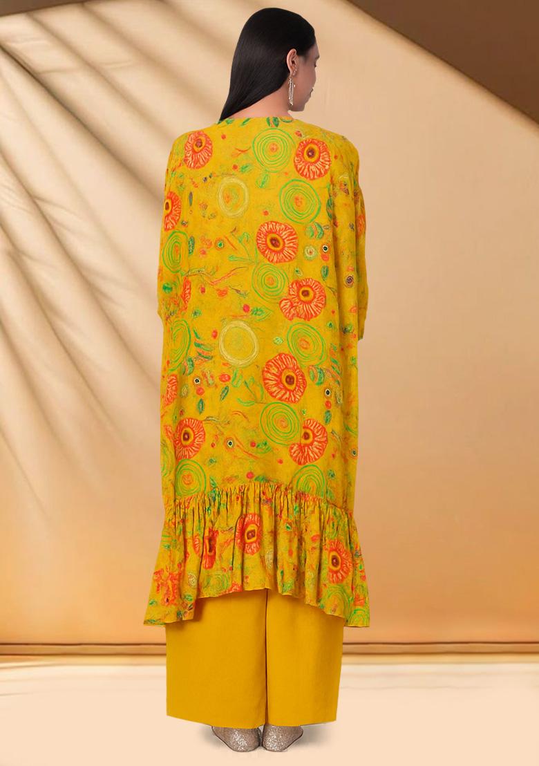 Yellow Abstract Printed Chinon Fusion Set - Indya