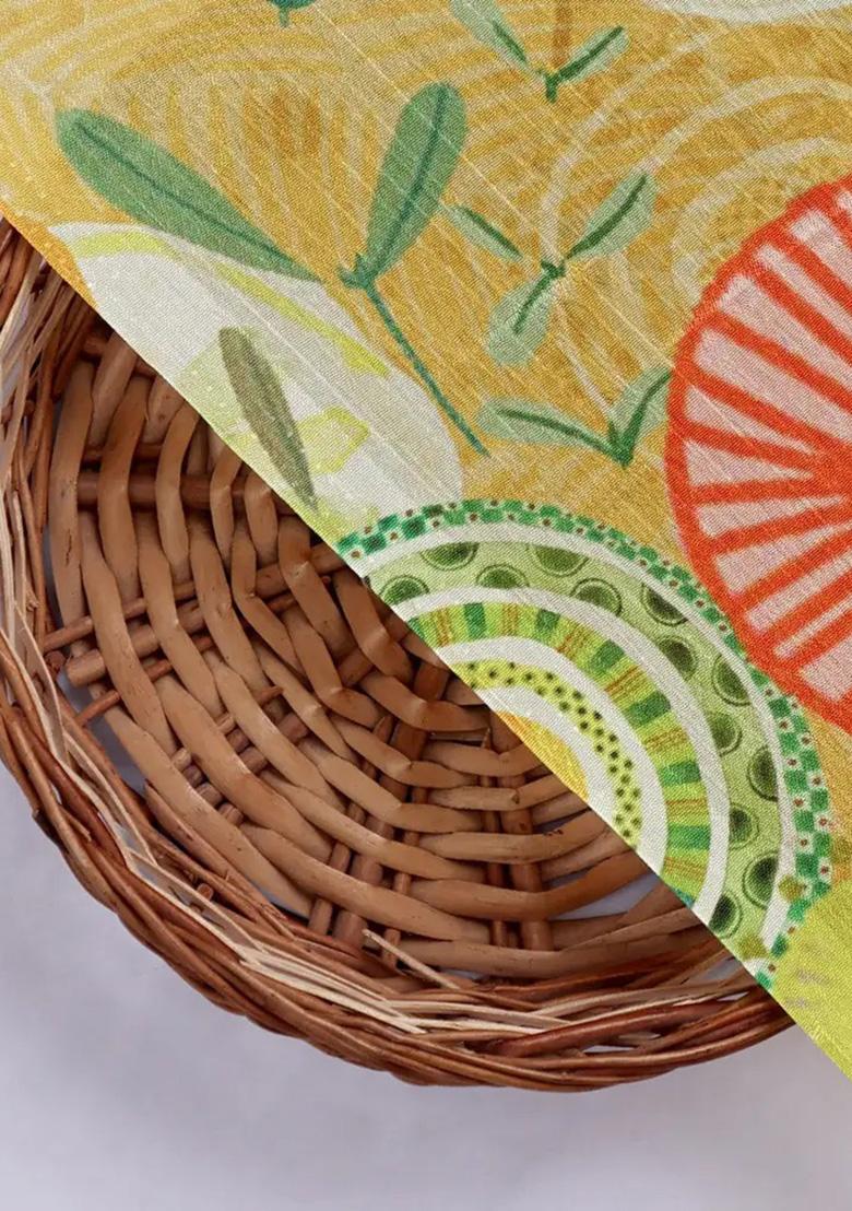 Yellow Abstract Printed Chinon Fusion Set - Indya