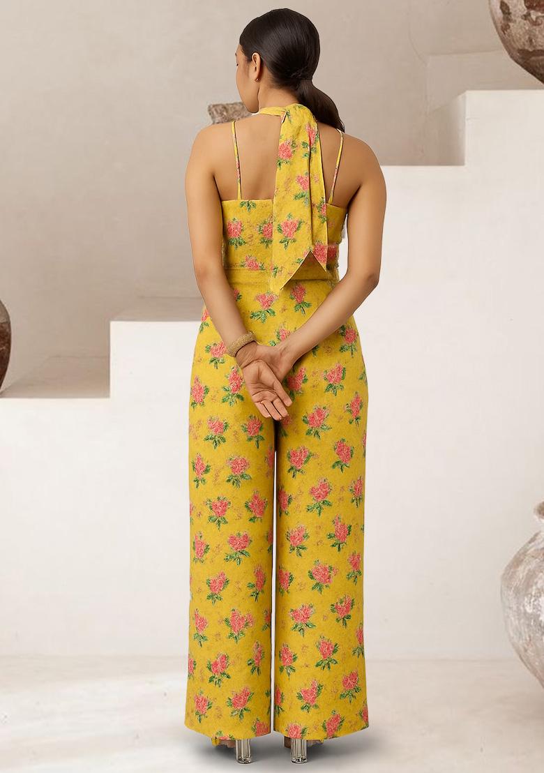 Yellow Satin Floral Printed Fusion Set - Indya