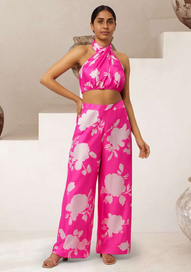 Pink Satin Fusion Set with Floral Printed for Diwali | Wedding & Festive Wear - Indya