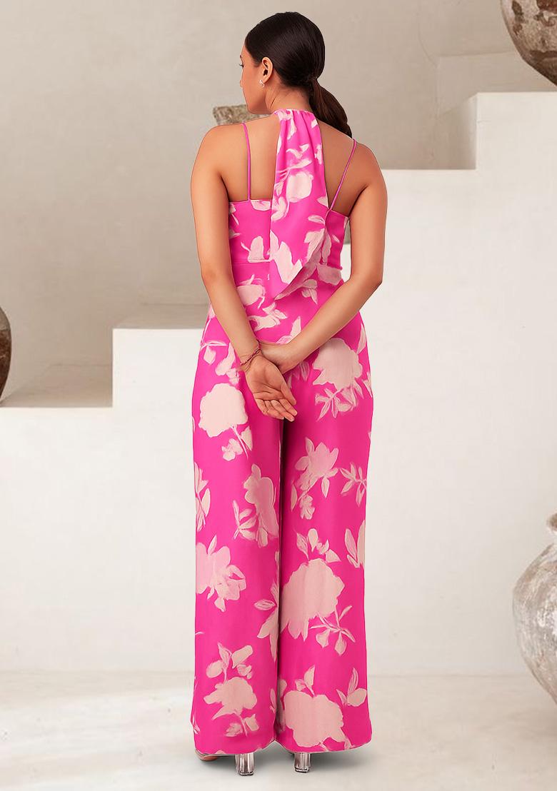 Pink Satin Floral Printed Fusion Set - Indya