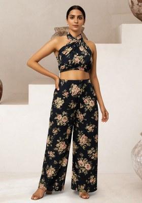 Black Satin Floral Printed Fusion Set