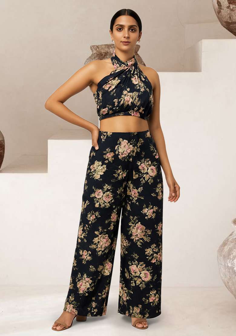 Black Satin Floral Printed Fusion Set for Diwali and Festive Wear - Indya