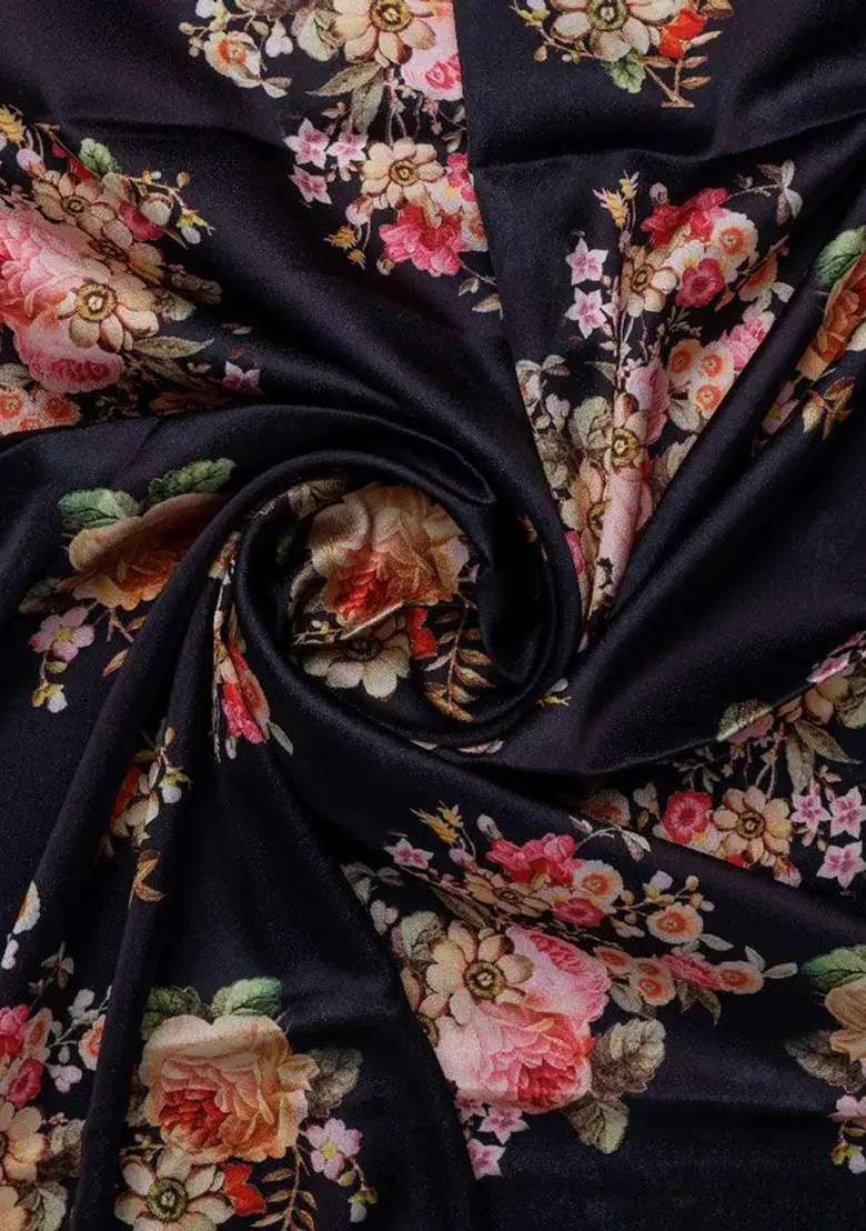 Black Satin Floral Printed Fusion Set for Diwali and Festive Wear - Indya