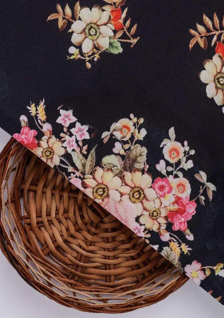 Black Satin Floral Printed Fusion Set - Indya