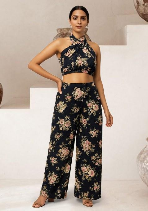 Black Satin Floral Printed Fusion Set