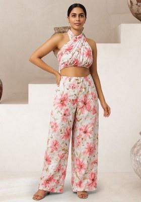 Light Pink Satin Floral Printed Fusion Set