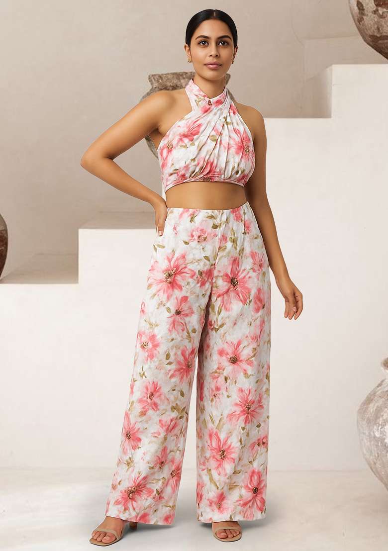 Light Pink Satin Floral Printed Fusion Set for Diwali and Festive Wear - Indya