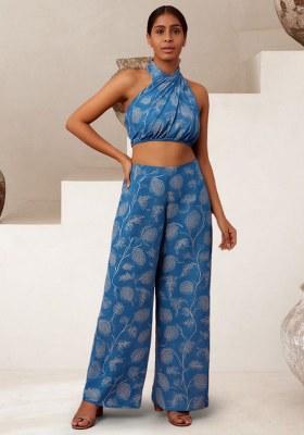 Blue Crepe Floral Printed Fusion Set