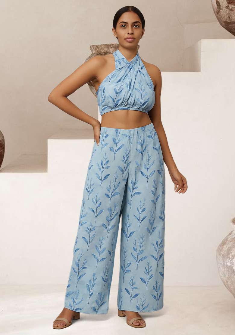 Light Blue Crepe Leaf Printed Fusion Set for Diwali and Festive Wear - Indya