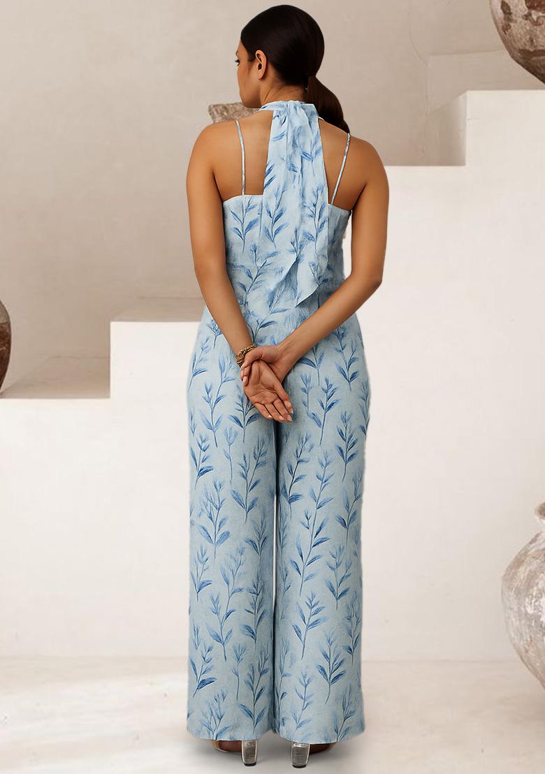 Light Blue Crepe Leaf Printed Fusion Set - Indya