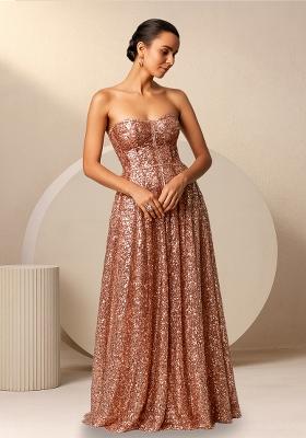 Lt Peach Sequins Embroidery Net Gown