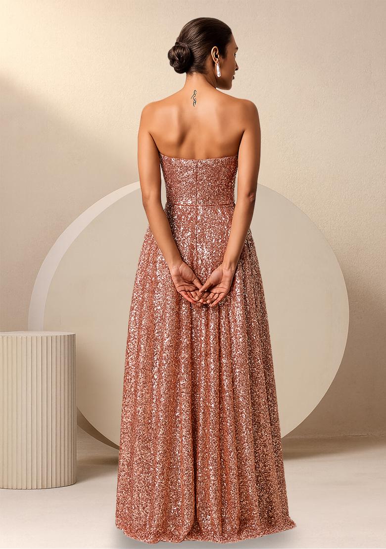 Lt Peach Sequins Embroidery Net Gown - Indya
