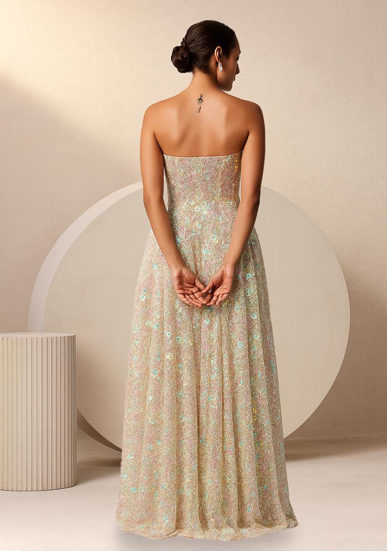 Pastel Yellow Sequins Embroidery Net Gown - Indya