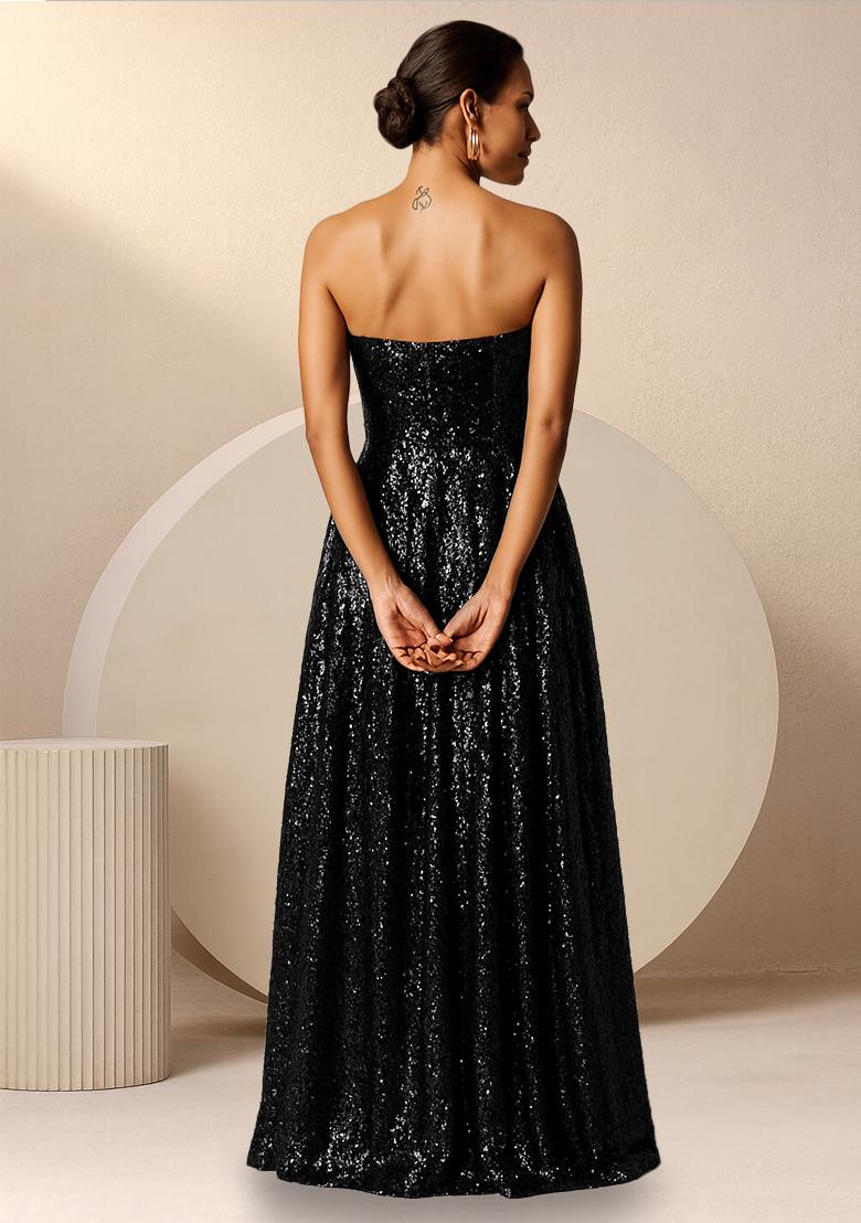 Black Sequins Embroidery Net Gown - Indya